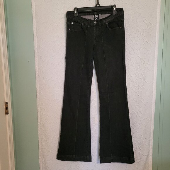 RARE TBB Thunderbird Black Denim Rhinestone Bird Pockets Flared Jeans Size 29L - Picture 2 of 8